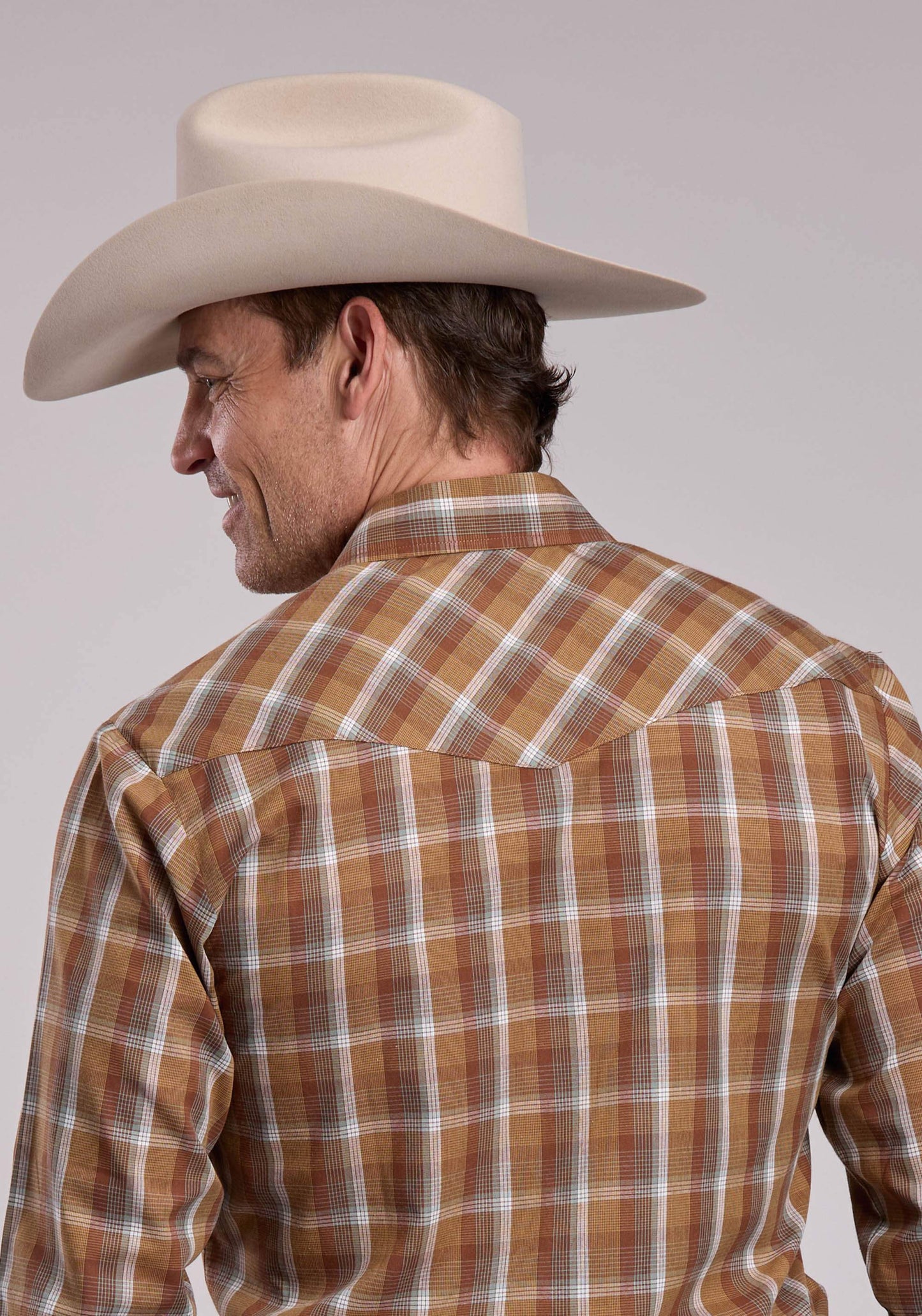 Mens Roper Brown Sage Green Plaid Long Sleeve Snap Shirt - Roper - Flyclothing LLC
