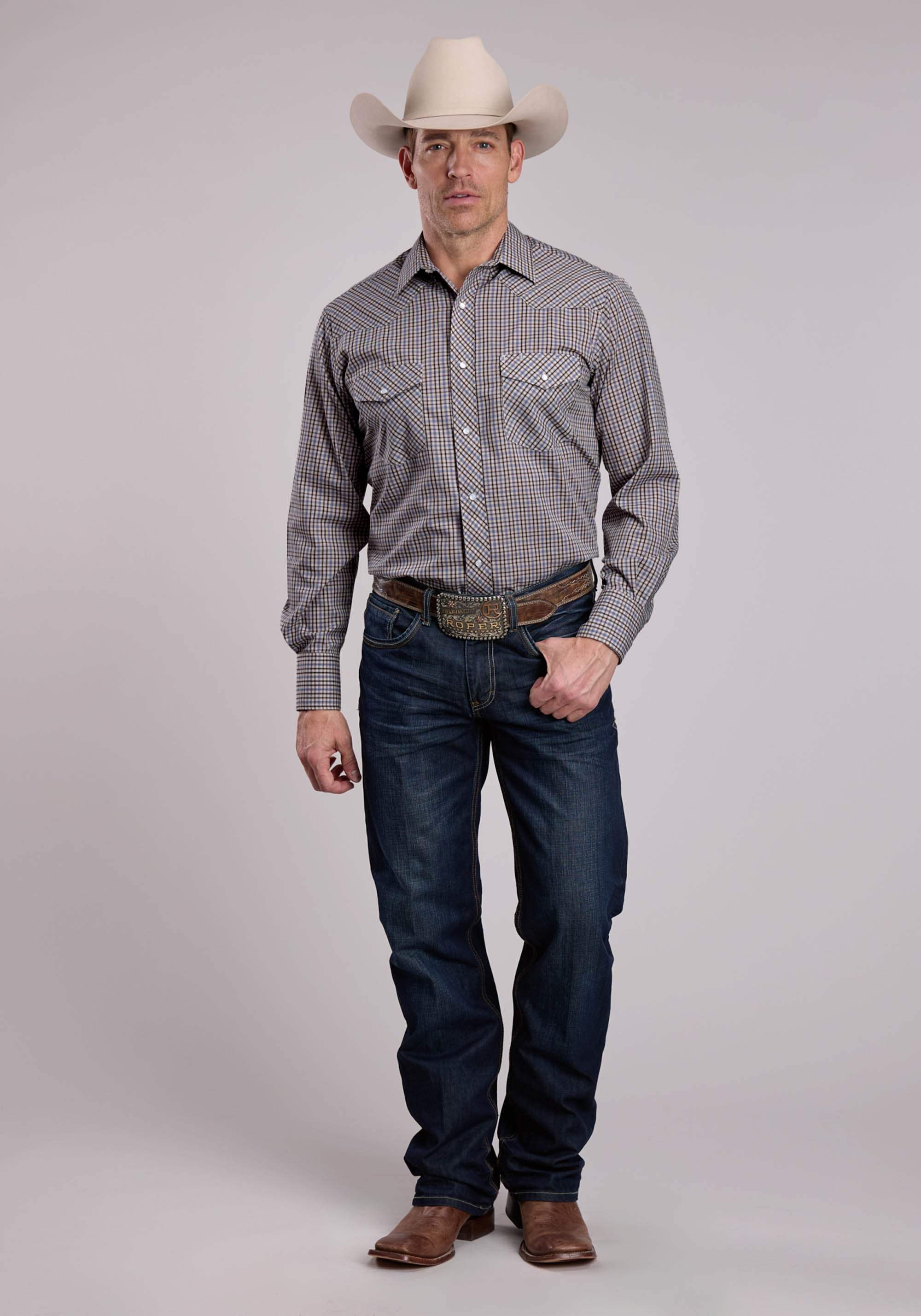 Mens Roper Taupe Blue White Plaid Long Sleeve Snap Shirt - Roper - Flyclothing LLC