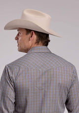 Mens Roper Taupe Blue White Plaid Long Sleeve Snap Shirt - Roper - Flyclothing LLC