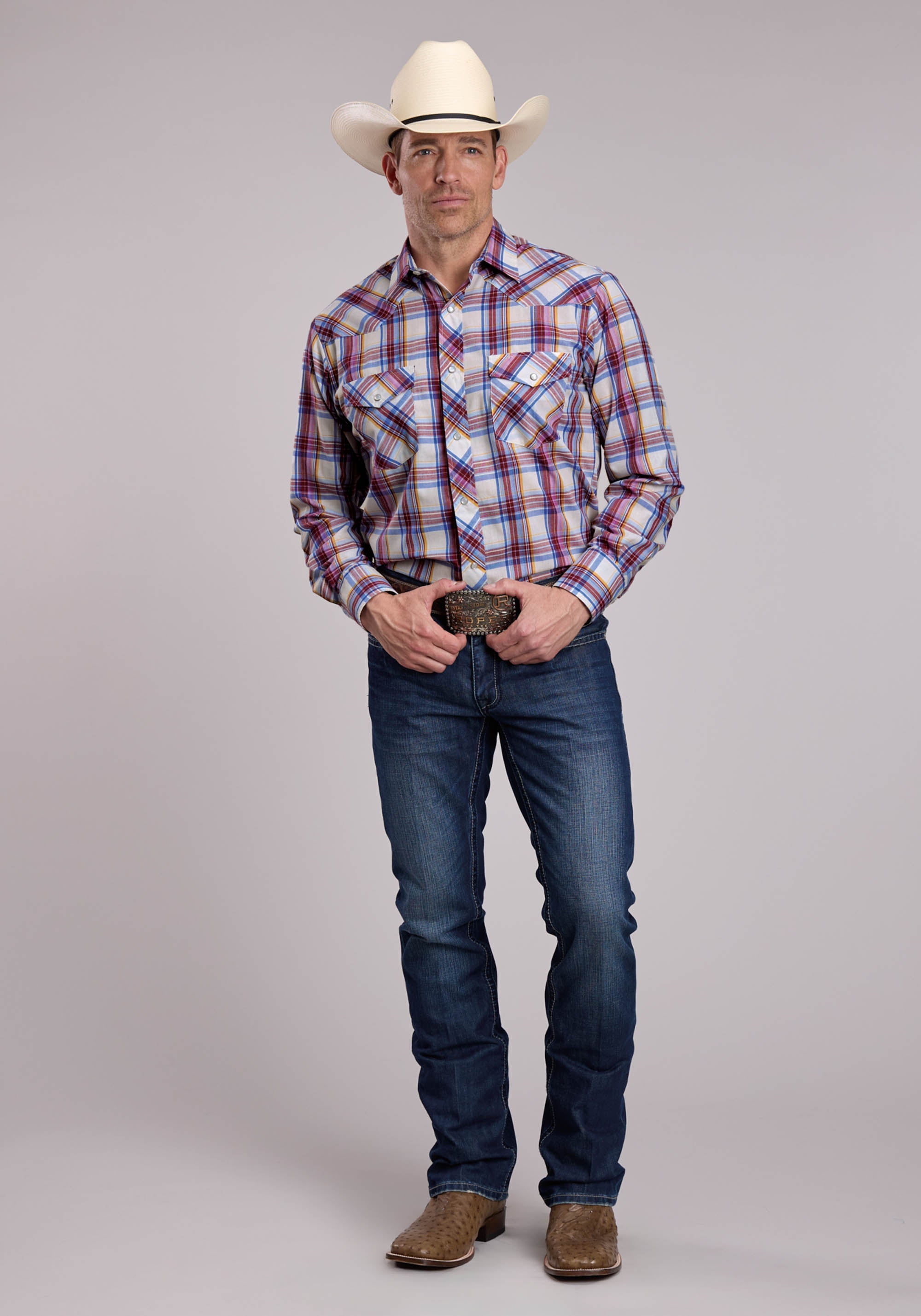 Mens Roper Summer Picnic Plaid Long Sleeve Snap Shirt