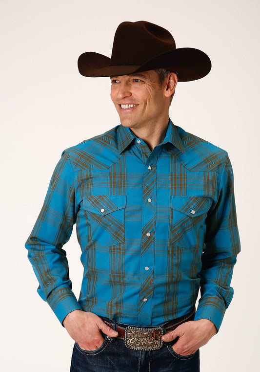 Roper Mens Long Sleeve Snap Peacock Blue And Olive Western Shirt - Roper
