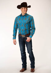 Roper Mens Long Sleeve Snap Peacock Blue And Olive Western Shirt - Roper