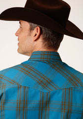 Roper Mens Long Sleeve Snap Peacock Blue And Olive Western Shirt - Roper