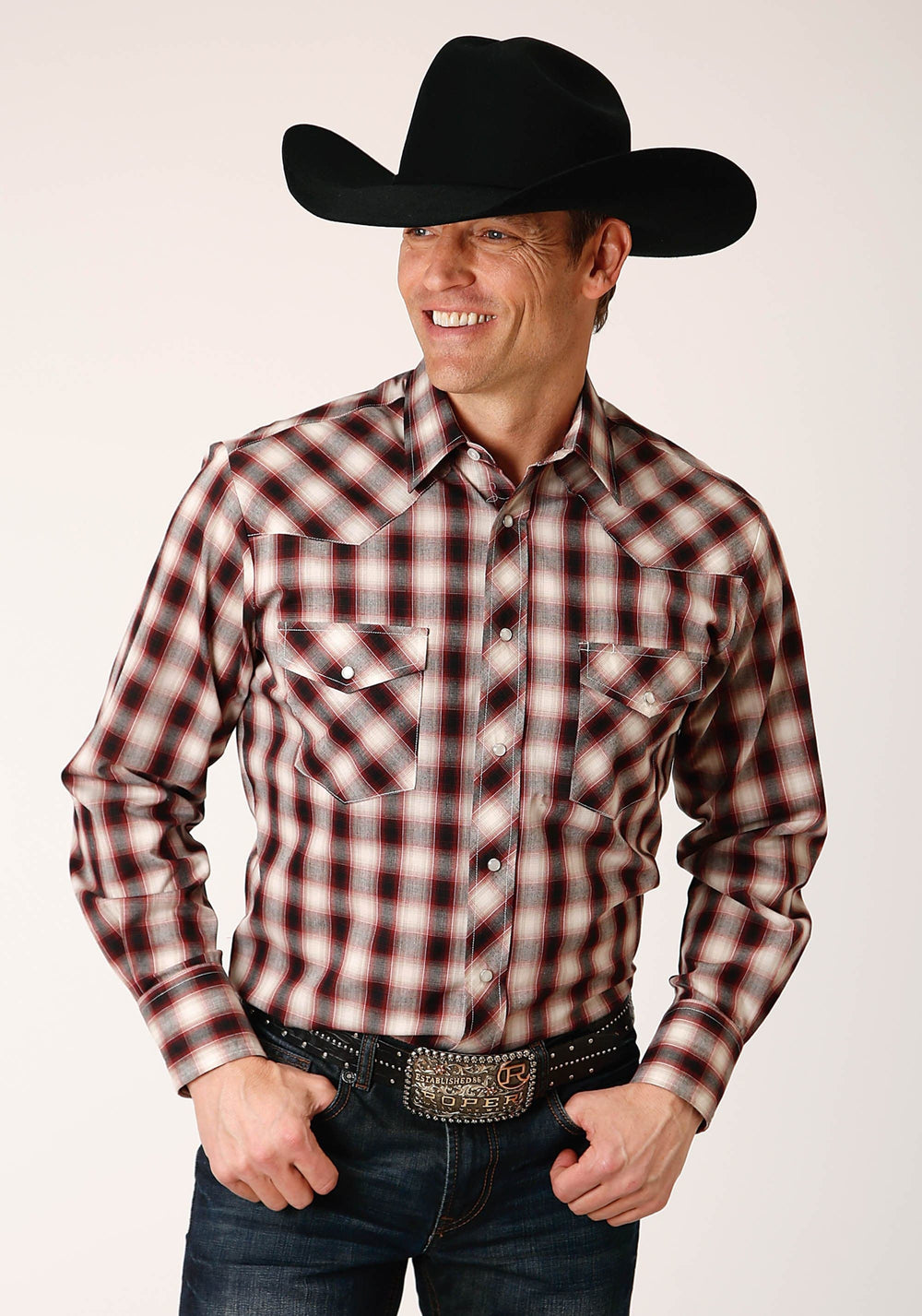 Roper Mens Long Sleeve Snap Wine Black Cream Plaid Western Shirt - Roper
