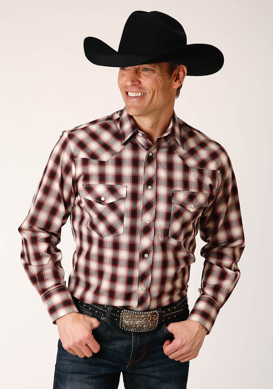 Roper Mens Long Sleeve Snap Wine Black Cream Plaid Western Shirt - Roper