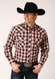 Roper Mens Long Sleeve Snap Wine Black Cream Plaid Western Shirt - Roper