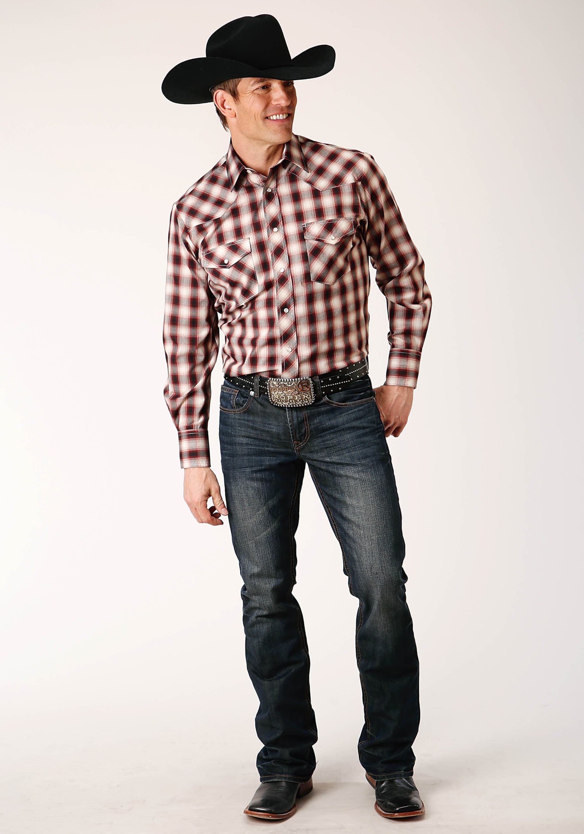 Roper Mens Long Sleeve Snap Wine Black Cream Plaid Western Shirt - Roper