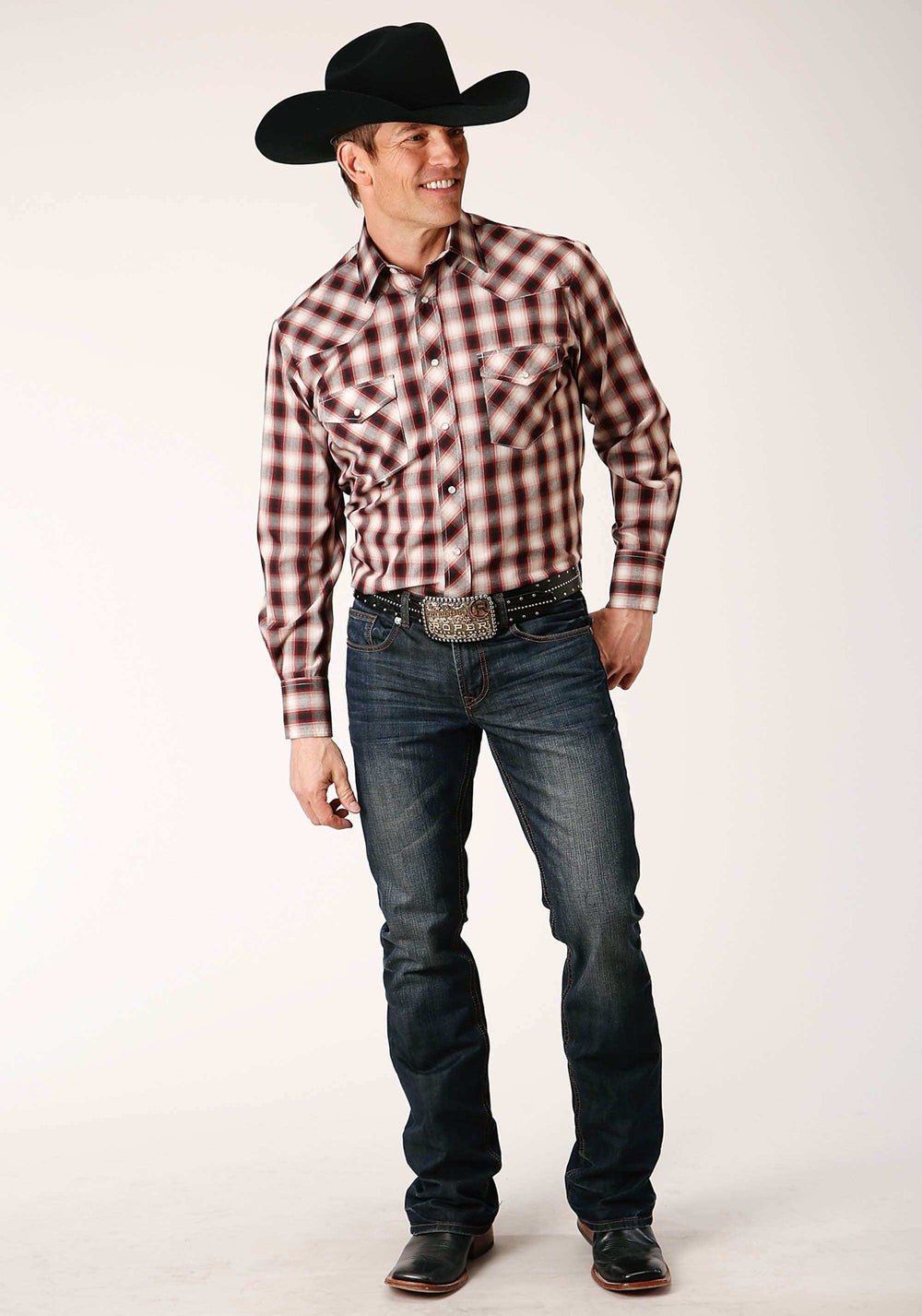 Roper Mens Long Sleeve Snap Wine Black Cream Plaid Western Shirt - Roper - Flyclothing LLC
