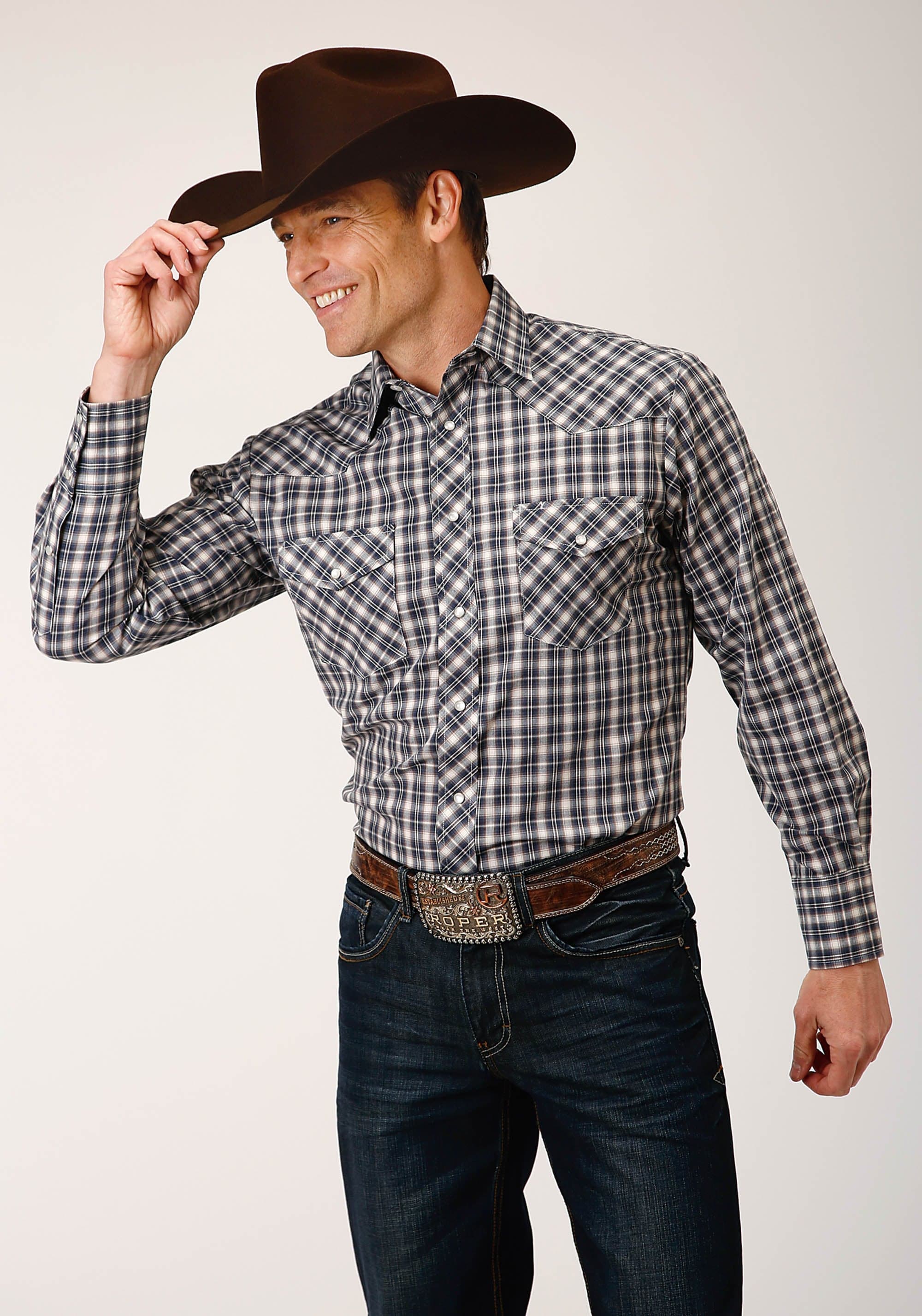 Roper Mens Long Sleeve Snap Navy Cream Tan Small Scale Plaid Western Shirt - Roper