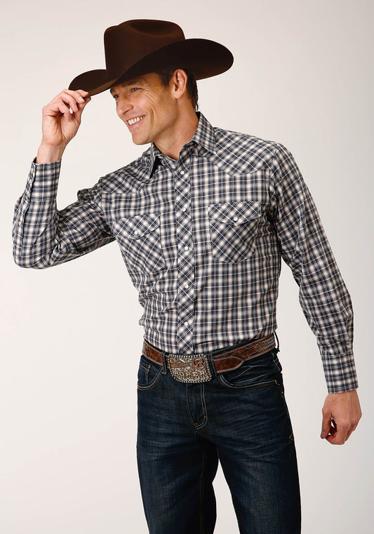 Roper Mens Long Sleeve Snap Navy Cream Tan Small Scale Plaid Western Shirt - Roper