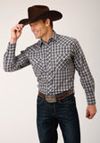 Roper Mens Long Sleeve Snap Navy Cream Tan Small Scale Plaid Western Shirt - Roper