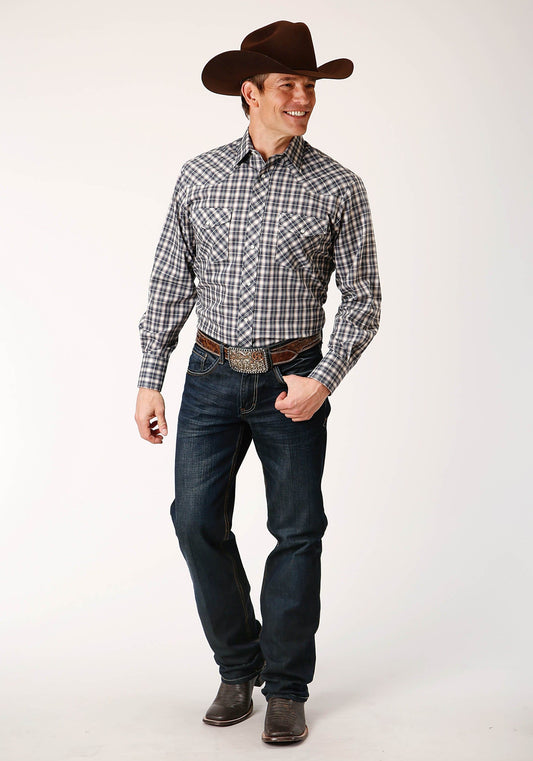 Roper Mens Long Sleeve Snap Navy Cream Tan Small Scale Plaid Western Shirt - Roper
