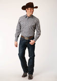 Roper Mens Long Sleeve Snap Navy Cream Tan Small Scale Plaid Western Shirt - Roper