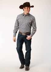 Roper Mens Long Sleeve Snap Navy Cream Tan Small Scale Plaid Western Shirt - Roper