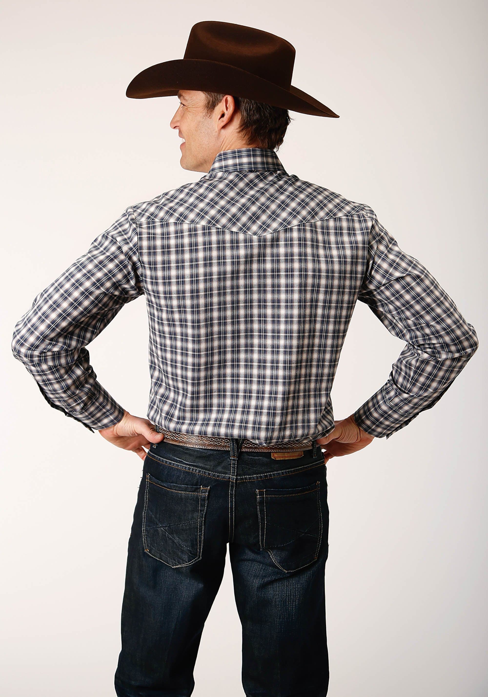 Roper Mens Long Sleeve Snap Navy Cream Tan Small Scale Plaid Western Shirt - Roper