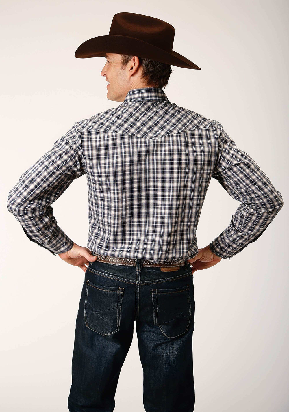 Roper Mens Long Sleeve Snap Navy Cream Tan Small Scale Plaid Western Shirt - Roper - Flyclothing LLC