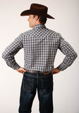 Roper Mens Long Sleeve Snap Navy Cream Tan Small Scale Plaid Western Shirt - Roper