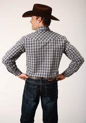 Roper Mens Long Sleeve Snap Navy Cream Tan Small Scale Plaid Western Shirt - Roper