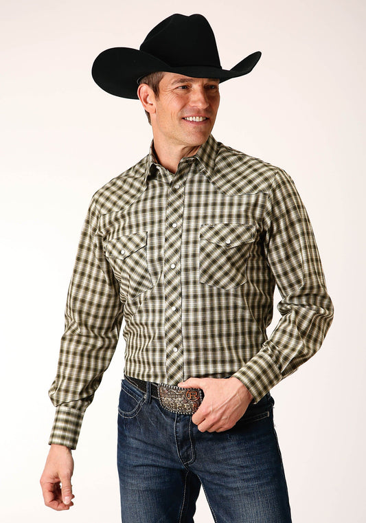 Roper Mens Long Sleeve Snap Olive Black Cream Plaid Western Shirt - Roper