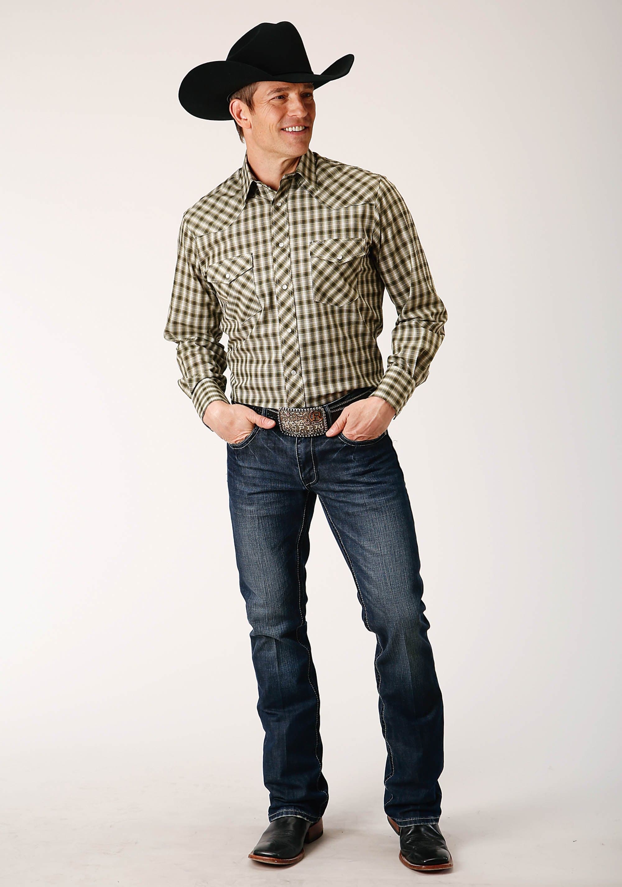 Roper Mens Long Sleeve Snap Olive Black Cream Plaid Western Shirt - Roper