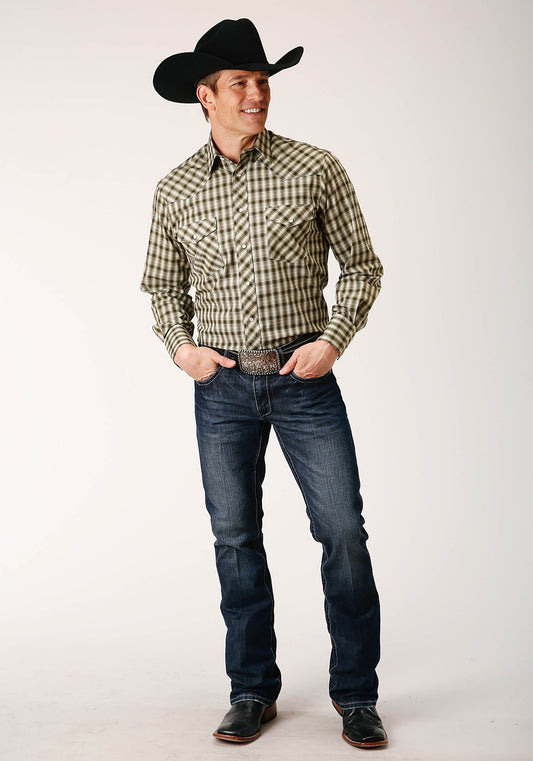 Roper Mens Long Sleeve Snap Olive Black Cream Plaid Western Shirt - Roper