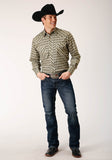 Roper Mens Long Sleeve Snap Olive Black Cream Plaid Western Shirt - Roper