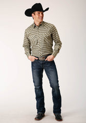 Roper Mens Long Sleeve Snap Olive Black Cream Plaid Western Shirt - Roper