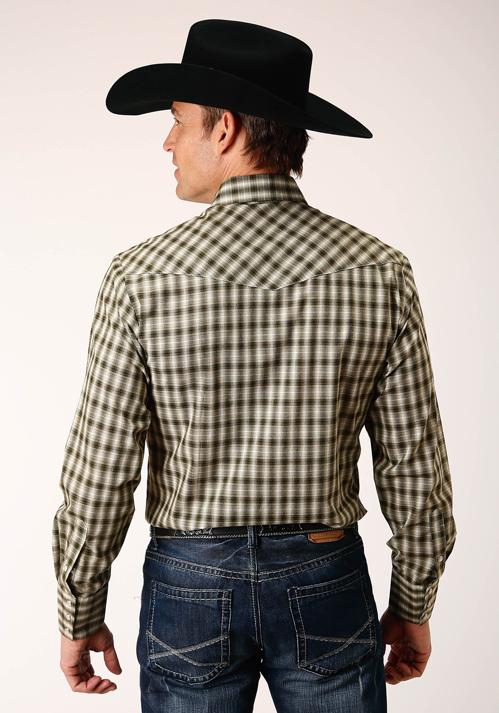 Roper Mens Long Sleeve Snap Olive Black Cream Plaid Western Shirt - Roper