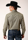 Roper Mens Long Sleeve Snap Olive Black Cream Plaid Western Shirt - Roper