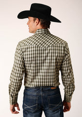 Roper Mens Long Sleeve Snap Olive Black Cream Plaid Western Shirt - Roper