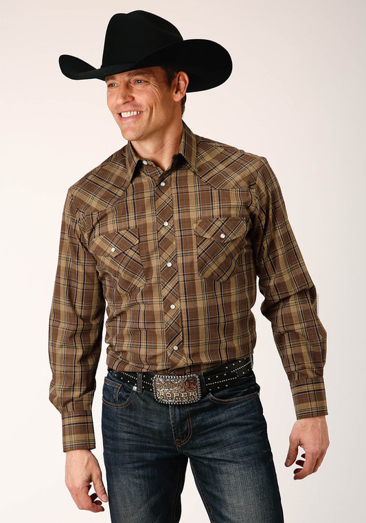 Roper Mens Long Sleeve Snap Multi Brown Plaid Western Shirt - Roper