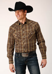 Roper Mens Long Sleeve Snap Multi Brown Plaid Western Shirt - Roper