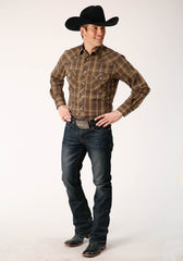 Roper Mens Long Sleeve Snap Multi Brown Plaid Western Shirt - Roper