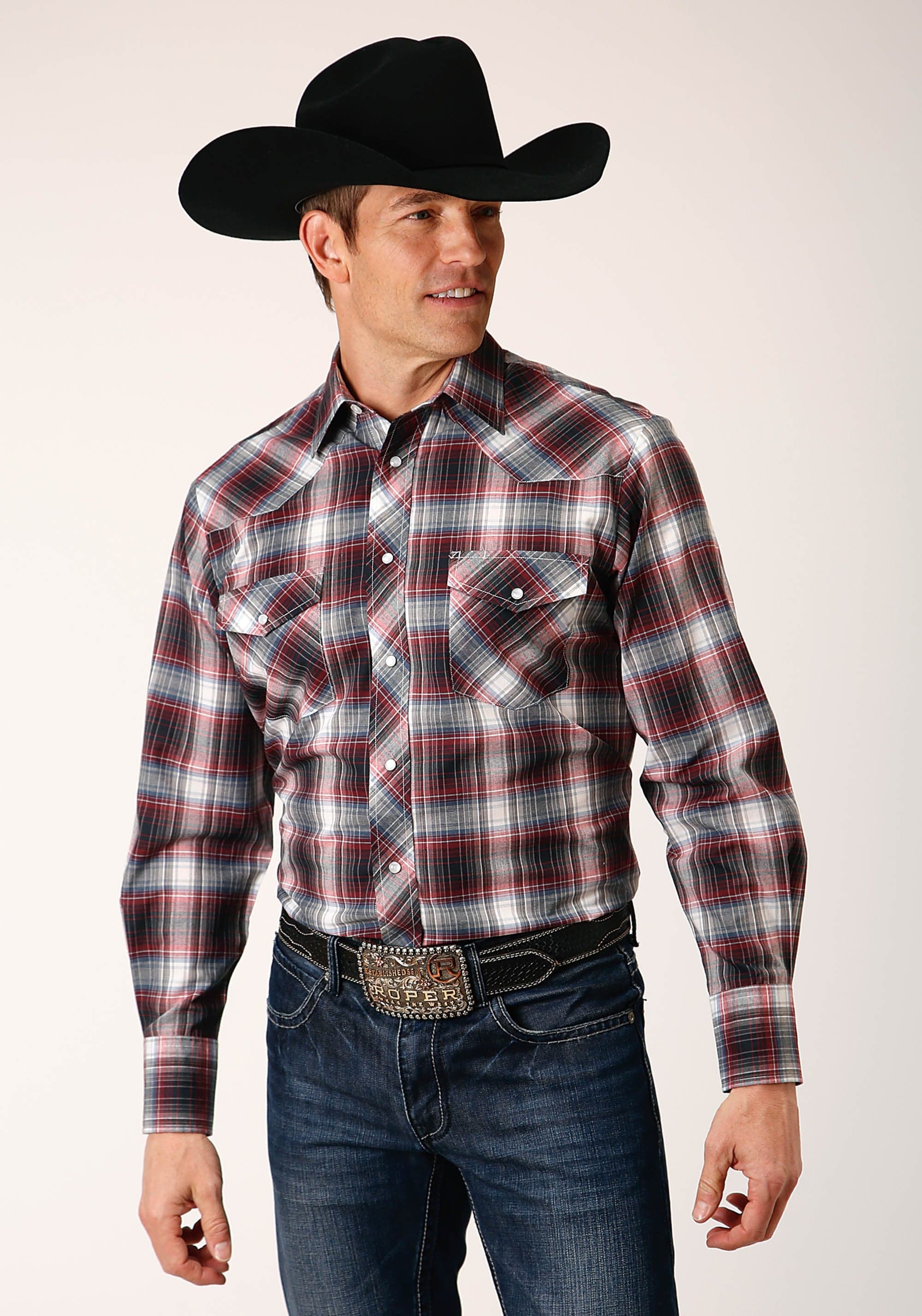 Roper Mens Long Sleeve Snap Red Black White Plaid Western Shirt - Roper