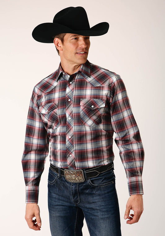 Roper Mens Long Sleeve Snap Red Black White Plaid Western Shirt - Roper