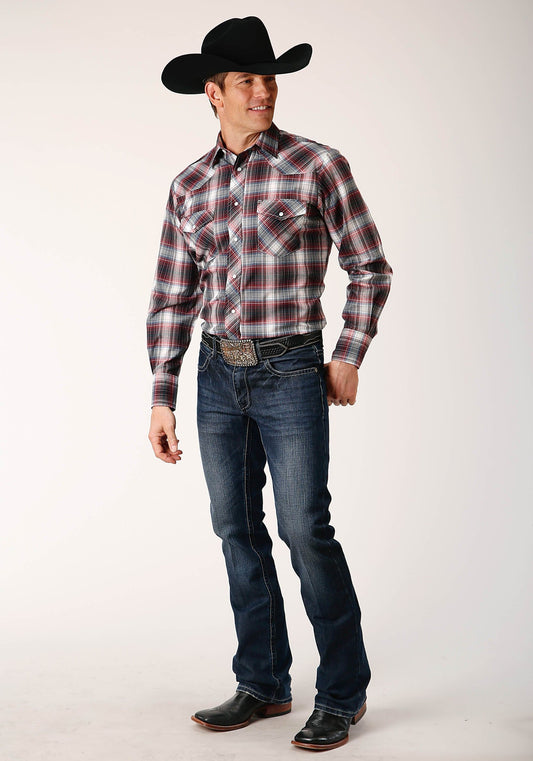 Roper Mens Long Sleeve Snap Red Black White Plaid Western Shirt - Roper