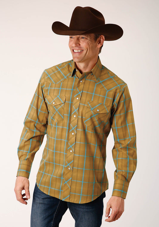 Roper Mens Long Sleeve Snap Butterscotch Turquoise Plaid Western Shirt - Roper