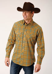 Roper Mens Long Sleeve Snap Butterscotch Turquoise Plaid Western Shirt - Roper