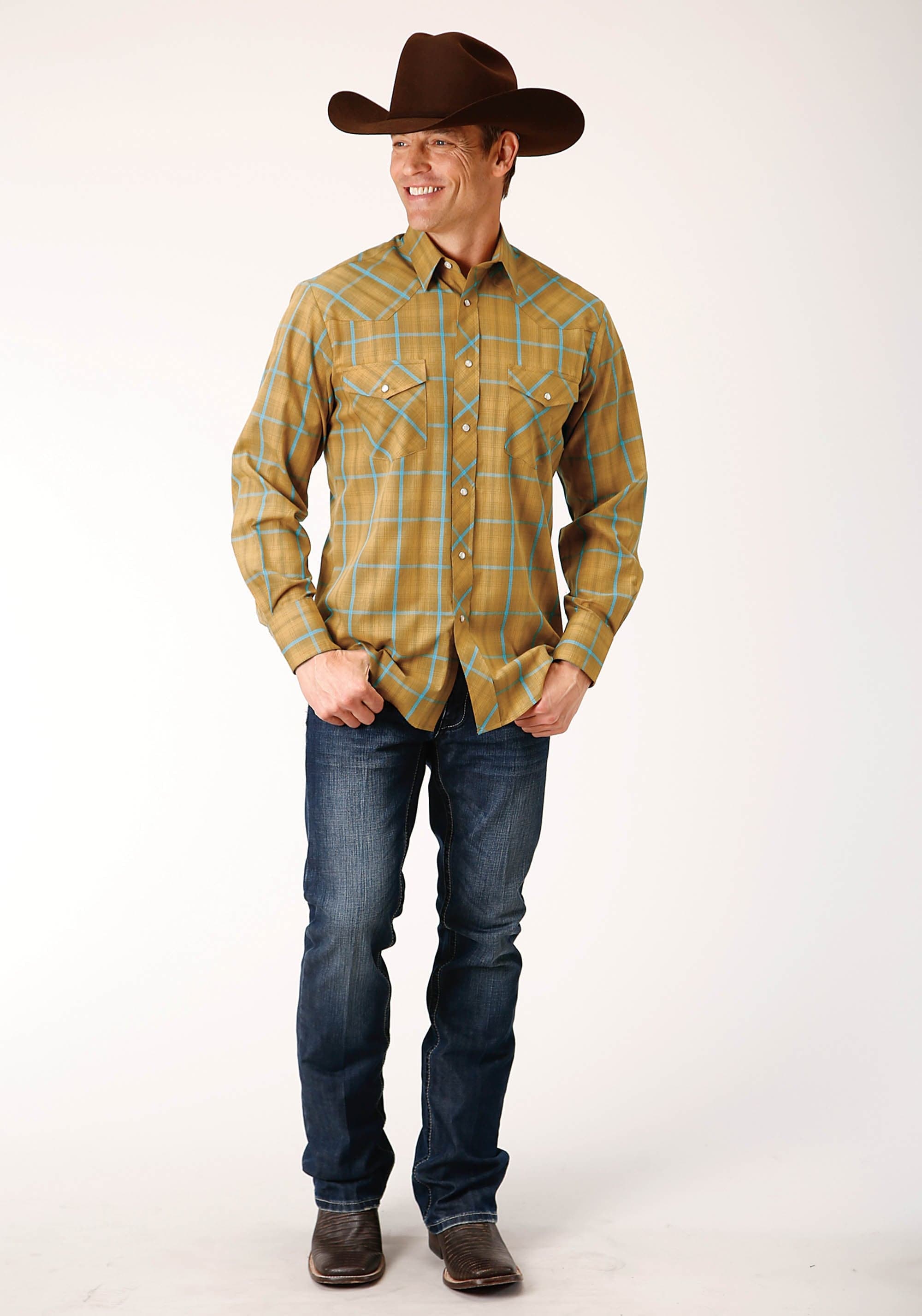 Roper Mens Long Sleeve Snap Butterscotch Turquoise Plaid Western Shirt - Roper