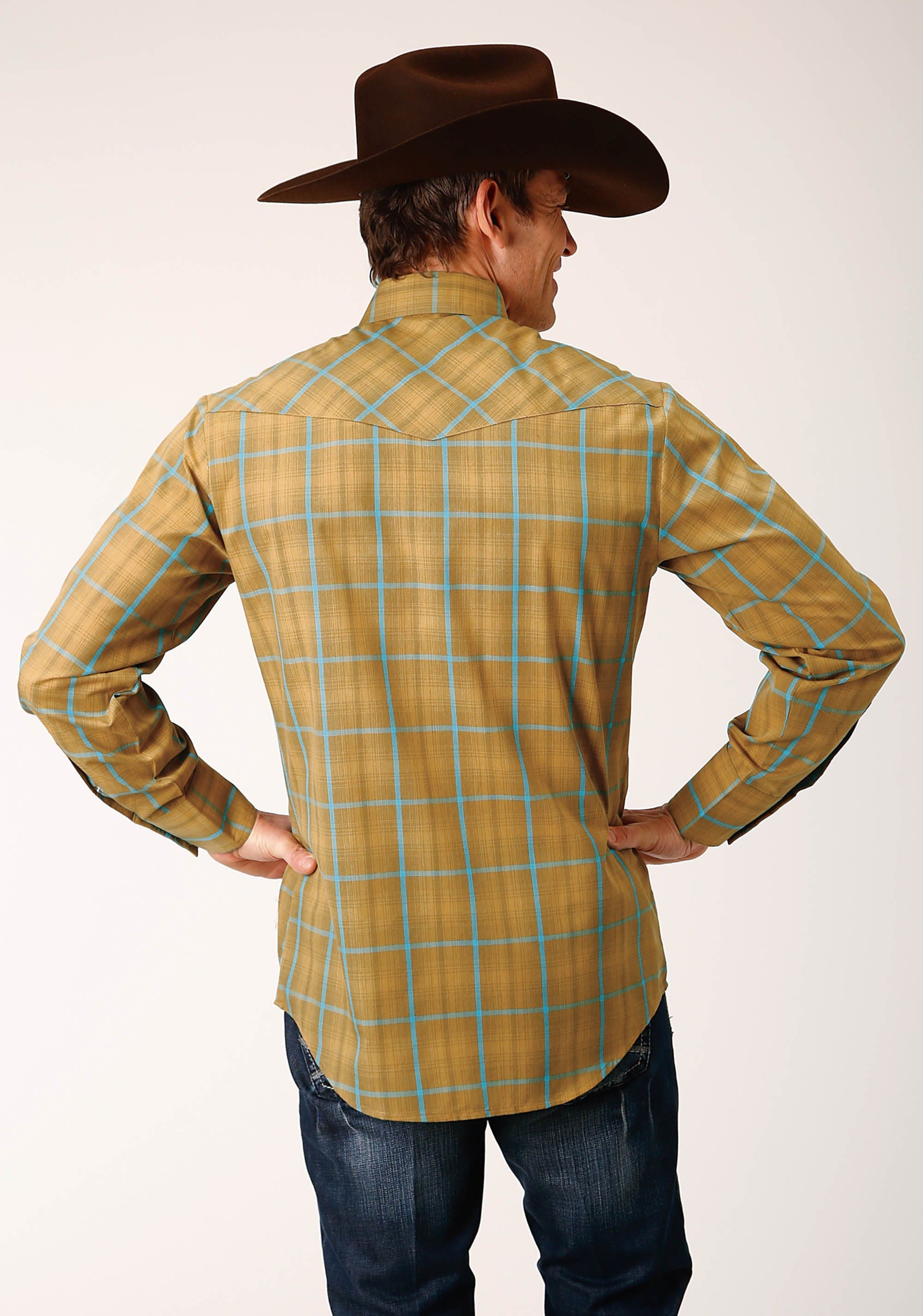 Roper Mens Long Sleeve Snap Butterscotch Turquoise Plaid Western Shirt - Roper
