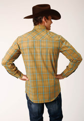 Roper Mens Long Sleeve Snap Butterscotch Turquoise Plaid Western Shirt - Roper