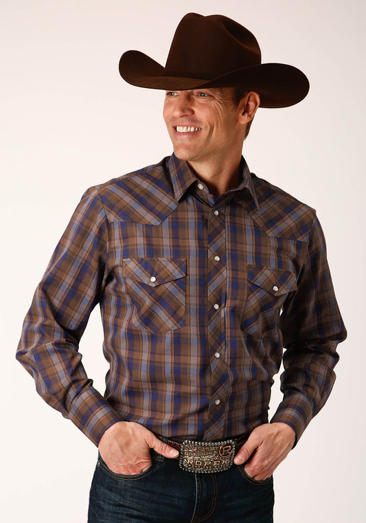 Roper Mens Long Sleeve Snap Blue Camel Brown Plaid Western Shirt - Roper