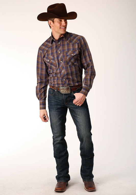 Roper Mens Long Sleeve Snap Blue Camel Brown Plaid Western Shirt - Roper