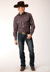 Roper Mens Long Sleeve Snap Blue Camel Brown Plaid Western Shirt - Roper