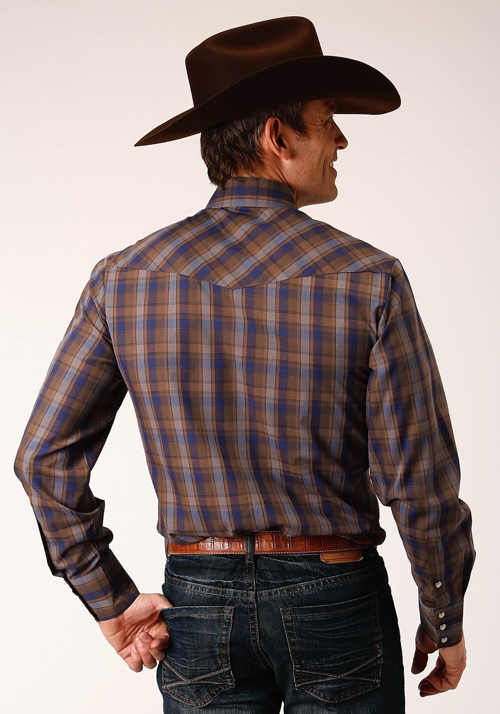 Roper Mens Long Sleeve Snap Blue Camel Brown Plaid Western Shirt - Roper