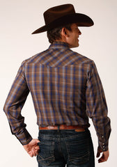 Roper Mens Long Sleeve Snap Blue Camel Brown Plaid Western Shirt - Roper