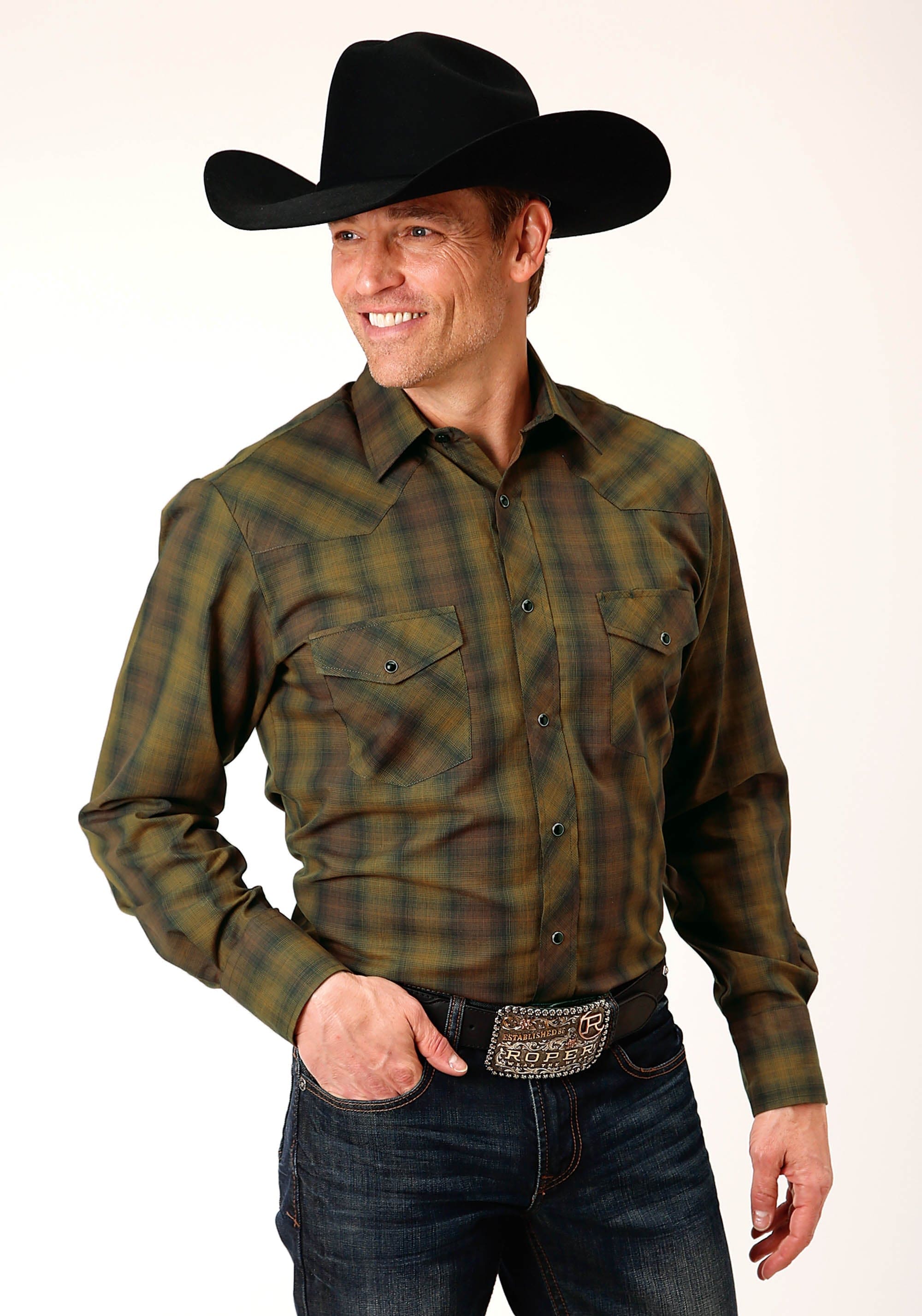 Roper Mens Long Sleeve Snap Black Gold Plaid Western Shirt - Roper