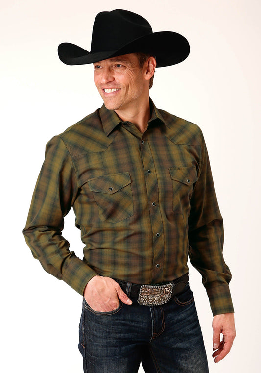 Roper Mens Long Sleeve Snap Black Gold Plaid Western Shirt - Roper