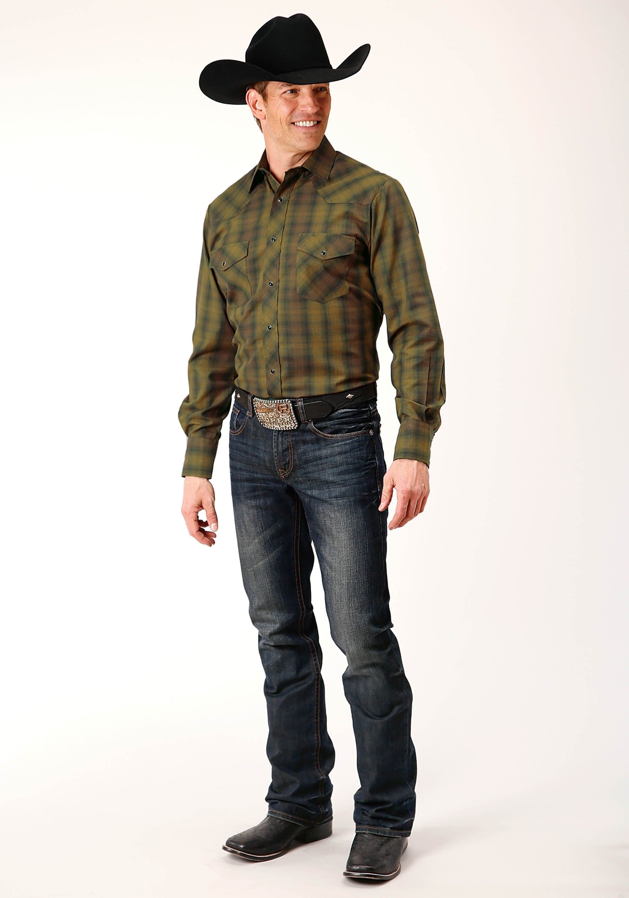 Roper Mens Long Sleeve Snap Black Gold Plaid Western Shirt - Roper