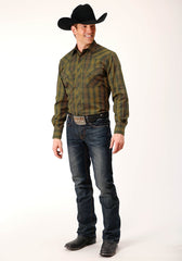 Roper Mens Long Sleeve Snap Black Gold Plaid Western Shirt - Roper